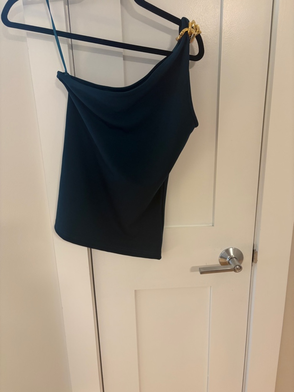 One-Shoulder Teal Top with Gold Ring Detail